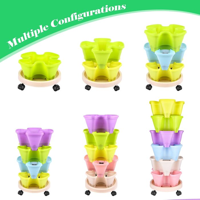 Вежа для рослин WADEO з горщиками, що штабелюються, вертикальний сад з 6 ярусами, горщик для полуниці, трав, квітів та овочів, що штабелюється, економія місця до 12 рослин (різнокольоровий)