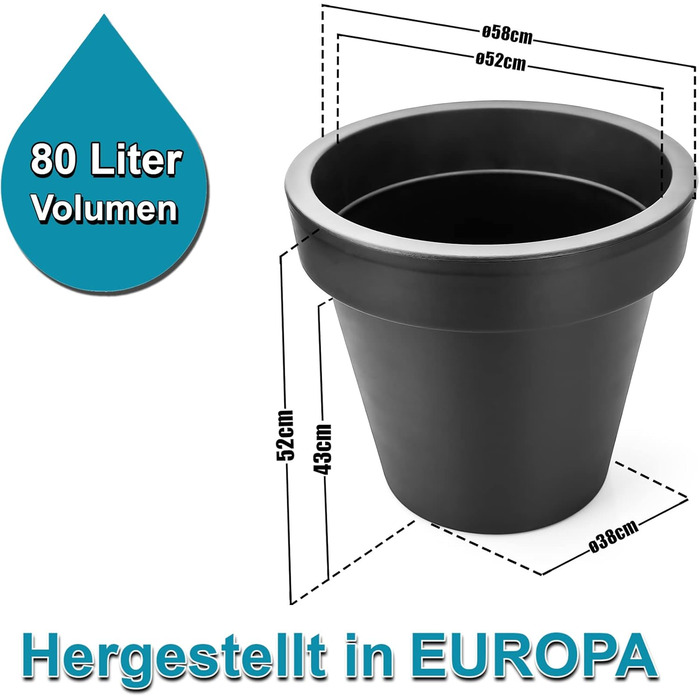 Квітковий горщик BigDean 2 шт. XXL ø60 см, класичний антрацит - з колесами, що обертаються на 360 градусів, дренажний отвір, що герметично закривається - всепогодний пластик - великий горщик, підходить для використання в приміщенні та на вулиці