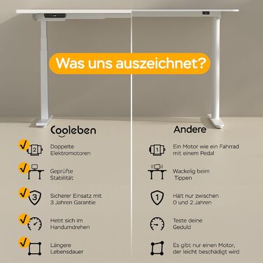 Стіл з регулюванням висоти 140x70 см, цільна стільниця 25 мм, подвійний двигун, 3-рівнева конструкція, інтелектуальне керування з 4 пресетами пам&39яті та 2 USB-портами (білий білий), білий білий 140 см x 70 см