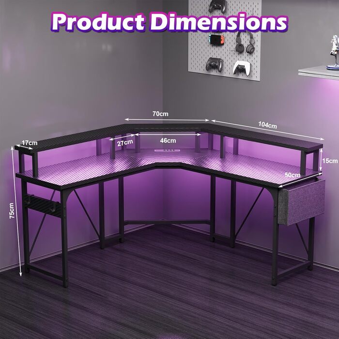 Ігровий стіл Devoko LED 153x153 см, ігровий стіл з підставкою для монітора, ігровий стіл для ПК з 2 розетками та 2 портами для зар