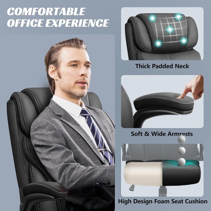 Офісне крісло FelixKing, ергономічне велике комп&39ютерне офісне крісло, крісло керівника, регульована висока спинка, відкидні підлокітники, поперекова підтримка, поворотне комп&39ютерне крісло з функцією гойдання (матовий чорний) 5066H матовий чорний