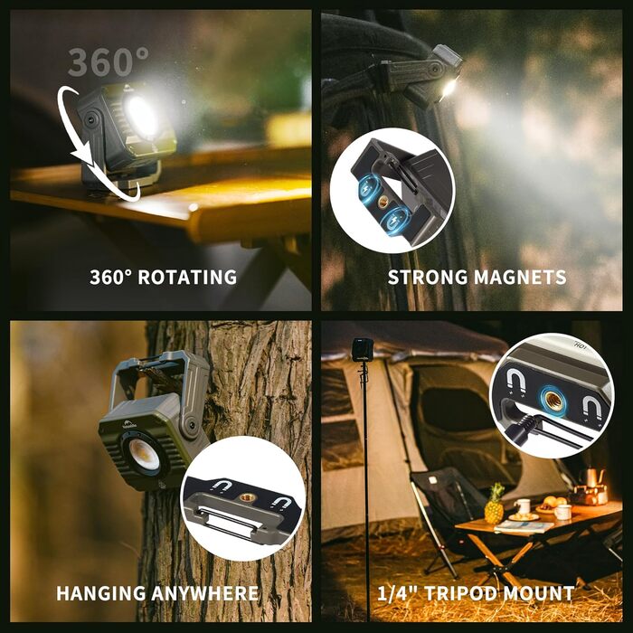 Ліхтар для кемпінгу Naturehike 1200 лм, акумуляторний світлодіодний робочий ліхтар, багатофункціональний, водонепроникний IPX4, 5 режимів світла, ідеально підходить для активного відпочинку на природі та кемпінгу, зелений