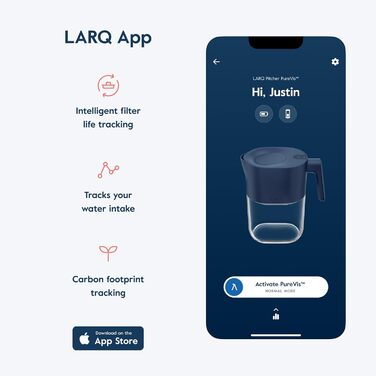 Глек LARQ 1,9 л PureVis УФ-фільтр для водопровідної води з самоочищенням Видалення хлору та PFAS відстеження програми Рослинний фільтр Гарантія 2 роки Чистий білий