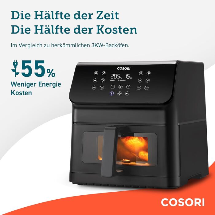 Фритюрниця COSORI Hot Air Fryer XXL 6.2 л з оновленою технологією Rapid Air, 55 енергозбереження, для 3-5 осіб, фритюрниця 12 в 1, 30 книг рецептів, один сенсорний крін, 1700 Вт 6.2 л Clear Blaze Grey