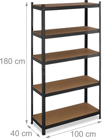 Полиця для зберігання Relaxdays для важких умов експлуатації, 5 ярусів, ВШХ 180 x 100 x 40 см, до 500 кг, сталь, чорна