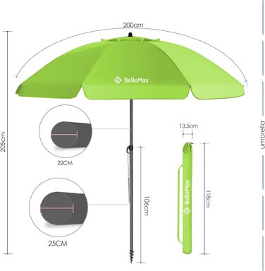 Плаяжна парасолька BelleMax 180 см пляжна вітрозахисна із захисним чохлом із захистом від сонця UV50 яблучно-зелений