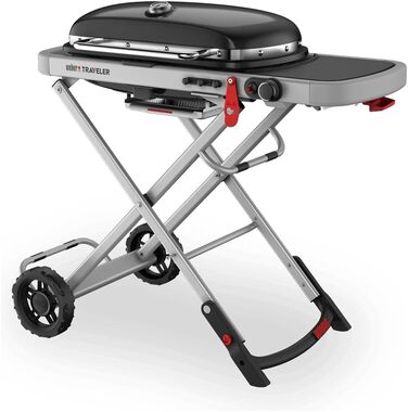 Газовий гриль Weber Traveler портативний складаний гриль на колесах з автоматичним замком кришки та вбудованим термометром, 1 пальник, ширина 111 см, площа гриля 2065 см, чорний (2026)