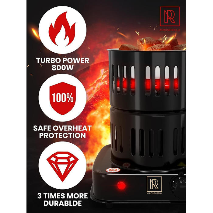 Кальянна вугільна запальничка електрична 800 Вт Turbo вугільна запальничка з дуже довгим кабелем 150 см, знімним кошиком для вугілля та 2 щипцями - Пальник для кальяну для кальянних кубиків Black Black 800w