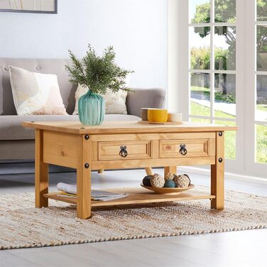 Журнальний столик CARO Furniture IDIMEX Salsa, масив сосни, дві шухляди та полиця, натуральний колір