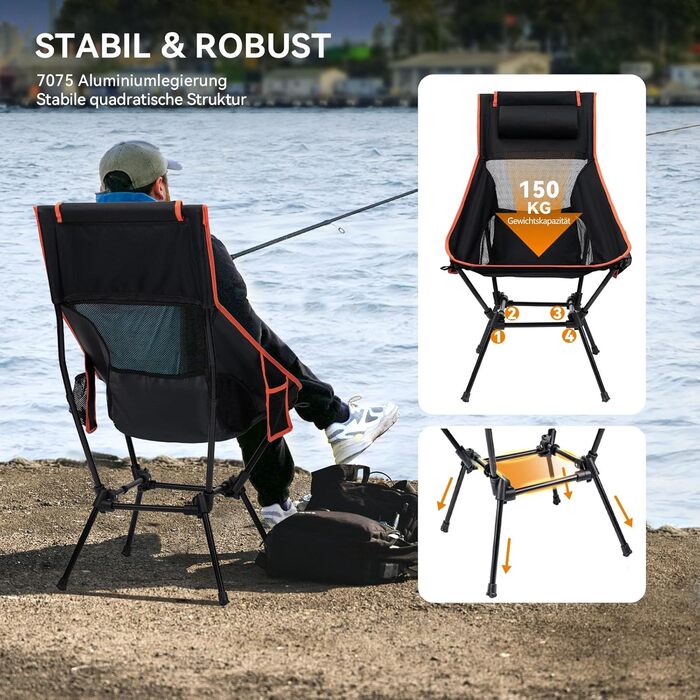 Складане кемпінгове крісло з високою спинкою, вантажопідйомність 150 кг, надлегке портативне складне крісло з підголівником та 2 боковими кишенями, компактне складне рибальське крісло з сумкою для перенесення для кемпінгу, пляжу, активного відпочинку та п