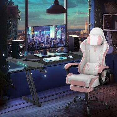 Ігрове крісло HENGMEI Ергономічне комп&39ютерне крісло Масажне ігрове крісло Офісне крісло Поворотне крісло з масажною поперековою подушкою, підставкою для ніг, м&39якими підлокітниками Підголівник Настільне ігрове крісло, рожеве - шорстка поверхня