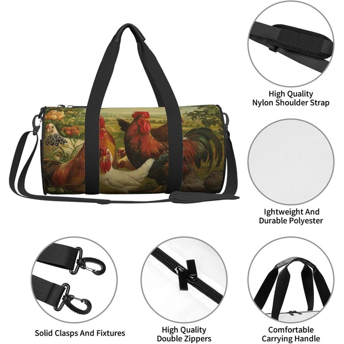 Спортивна сумка для подорожей, дизайн кури та ферма, чорний колір, універсальний розмір, дорожня сумка