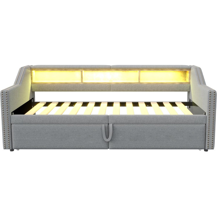 М&39яке ліжко, розкладне ліжко 90/180x200, кушетка/диван-ліжко зі світлодіодним підсвічуванням, USB-портом та відділенням для зберігання речей, односпальне/двоспальне ліжко, функціональний каркас ліжка з рейковою основою, лляне, без матраца, світло-сірий 