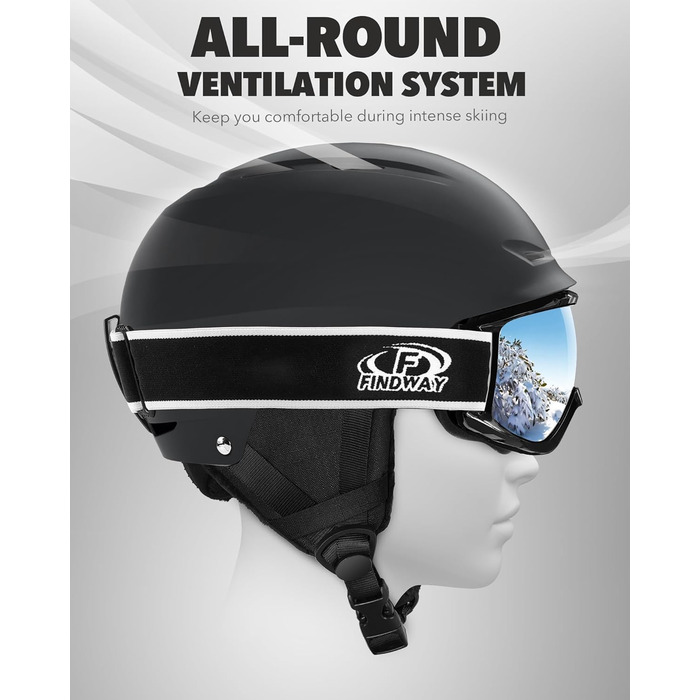 Комплект лижного шолома та окулярів Findway, шолом для сноуборду з окулярами для чоловіків та жінок, лижні шоломи для дорослих для чоловіків, жінок та молоді, розмір M (54,5-58,5 см), чорний
