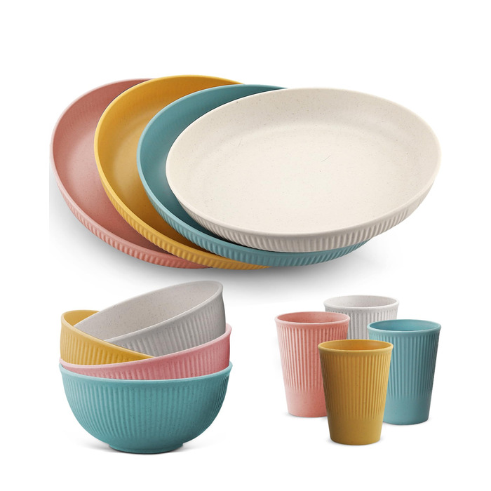 Набір посуду для кемпінгу HOMGEN на 12 осіб пластикові тарілки, миски, чашки та столові прибори для пікніків, відпочинку на природі та грилю (стиль A)