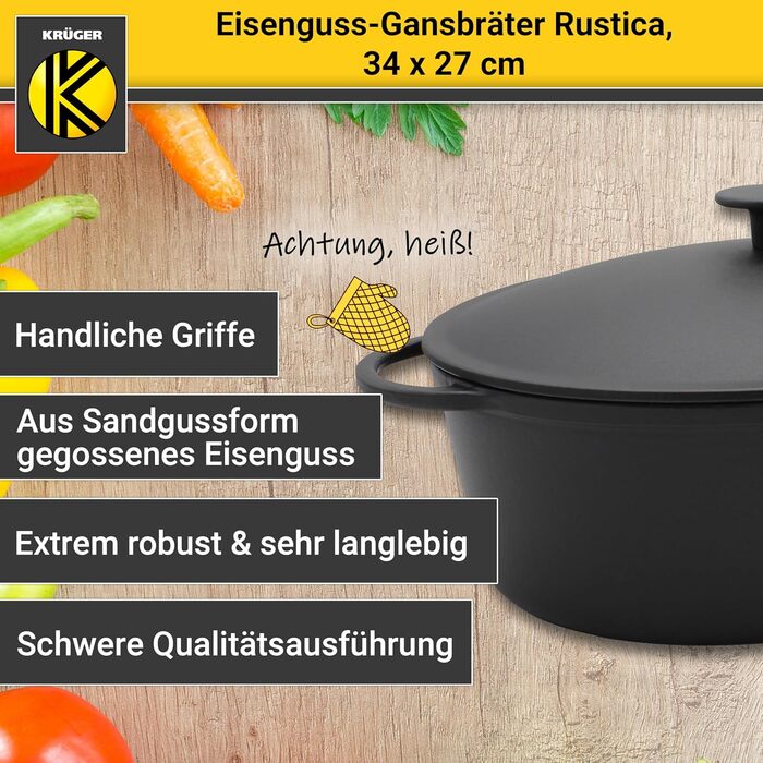 Чавунна гусятниця Krger з кришкою - емальована - висока термостійкість і дуже добре утримує тепло - підходить для всіх типів варил