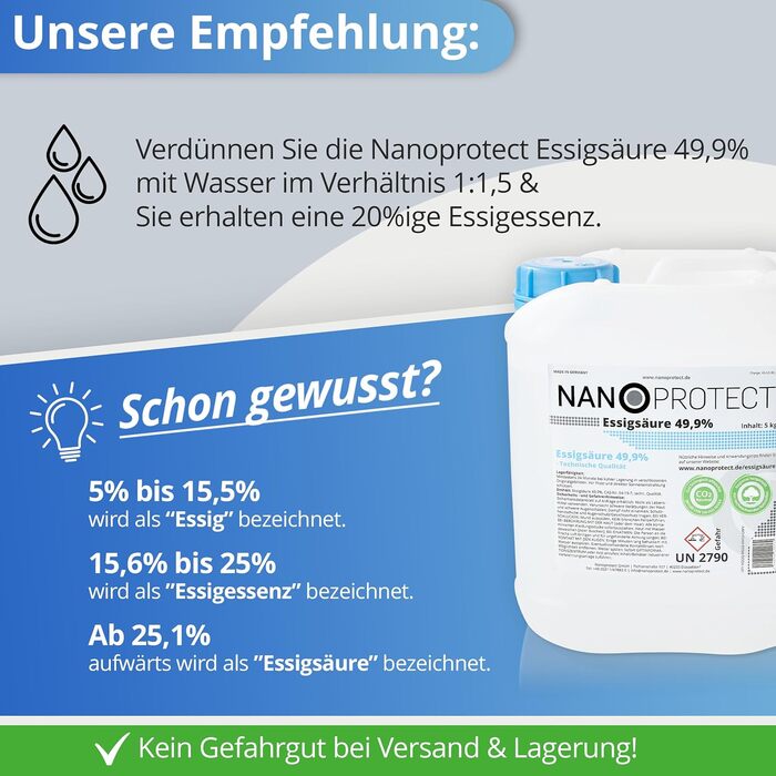 Оцтова кислота Nanoprotect У комплекті з розпилювачем під тиском Ідеальний засіб для чищення та видалення накипу Для дому та саду Преміум-якість - Зроблено в Німеччині, 10 кг