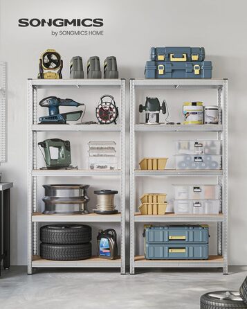 Надміцний стелаж, комплект з 2 шт., Підвальні полиці, Стелажі для зберігання, 40 x 90 x 180 см, Стелаж зі сталевою рамою, Вантажопідйомність до 875 кг кожен, 5 регульованих полиць, Сріблястий GLR040E02 40 x 90 x 180 см Сріблястий