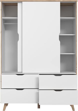 Шафа 140, Розсувні двері, Скандинавський стиль, 2-дверна з 4 шухлядами, Спальня або дитяча кімната, Декор дерева Дуб з білим, 139 см завширшки x 201,5 см заввишки x 53 см завглибшки, Біла 2-дверна шафа