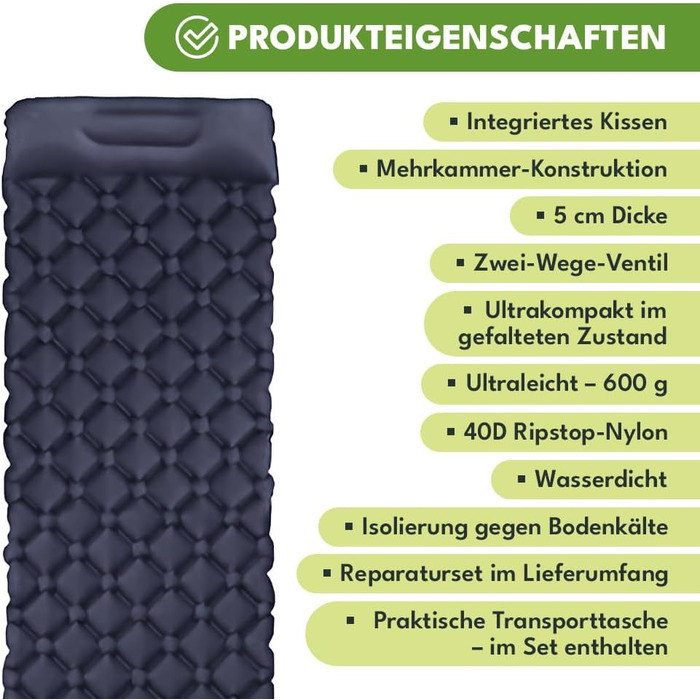 Надувний матрац для кемпінгу з подушкою 190x60 см, надлегкий килимок для сну, товщина 5 см, вантажопідйомність 100 кг, надувний матрац для кемпінгу, трекінгу, активного відпочинку, пляжу, складається з сумкою