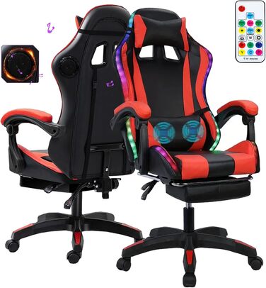 Ігрове крісло з Bluetooth-динаміками та світлодіодним підсвічуванням, ергономічне масажне комп&39ютерне крісло, регульована висота, ігрове крісло з поворотним на 360 сидінням та підголівником, висока спинка, червоне