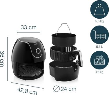 Фритюрниця Princess XXL 5.2 літра на 62.2 відсотка менше споживання енергії Цифровий дисплей і ручне керування 8 програм Aerofryer 182055, чорна фритюрниця 5.2 л