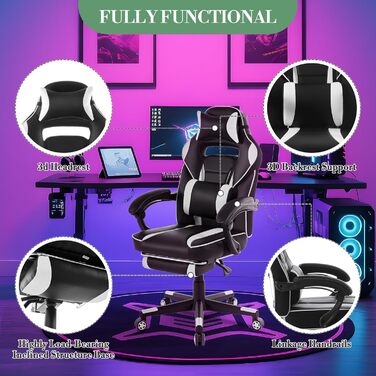 Геймерське крісло з ергономічною спинкою, регульованим нахилом та висотою, офісне крісло з поперековою опорою, м&39якою спинкою та висувною підставкою для ніг