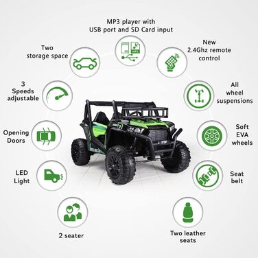 Дитячий електромобіль RIRICAR 24V UTV, зелений, електромобіль для дітей 2-х місцевий з пультом дистанційного керування 2.4 ГГц, дв