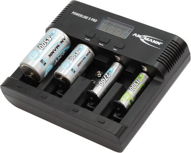 Універсальний зарядний пристрій ANSMANN Powerline 5 Pro AA, AAA, CD та 9V для акумуляторних батарей NiMh, NiCd з вилками для Великобританії, ЄС, США та Австралії та РК-дисплеєм, швидкий зарядний пристрій для заряджання та розряджання