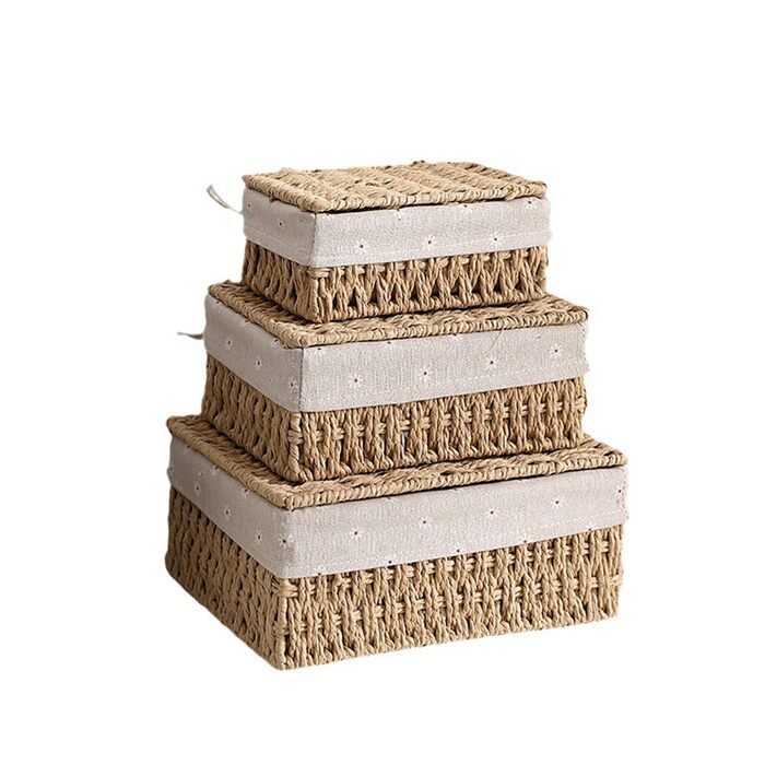 Набір кошиків для зберігання з 3 шт. з кришками Плетені кошики з паперової мотузки з бавовняною підкладкою, коробка в стилі бохо для іграшок, ванна кімната, вітальня Натуральний колір та штабелюються (бежевий)