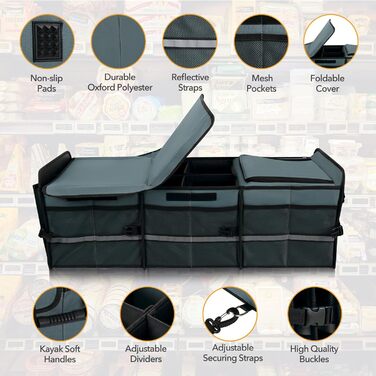 Органайзер для багажника з вбудованою герметичною сумкою-холодильником, 2 стяжними ременями, 4 знімними перегородками, складною кришкою, виготовлений з PE-пластини товщиною 2 мм, сірий