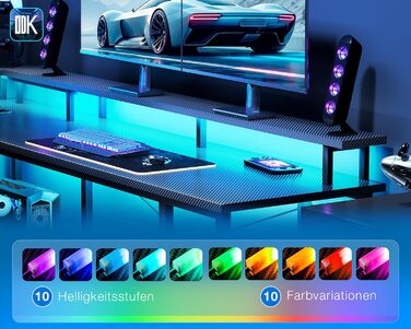 Ігровий стіл ODK зі світлодіодним освітленням, двосторонній ігровий стіл 150102 см з 2 розетками та 2 портами USB для зарядки, великий кутовий стіл із сітчастою полицею, чорний колір з вуглецевого волокна 150102 см з вуглецевого волокна, чорний колір