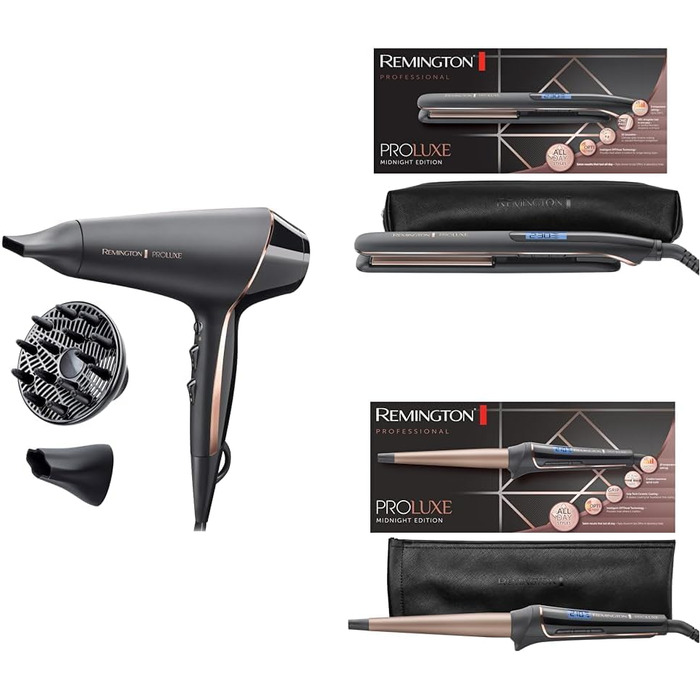 Набір для укладання волосся Remington ProLuxe Midnight Black (технологія OPTIheat для дбайливої укладки) Професійний іонний фен AC