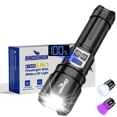 Акумуляторний ліхтарик Shadowhawk 2-в-1 зі світлодіодним/УФ-підсвічуванням та подвійним перемикачем Надзвичайно яскравий ліхтарик 500 000 люменів з чорним УФ-підсвічуванням для інспекції/кемпінгу/використання на свіжому повітрі, плавне регулювання яскраво