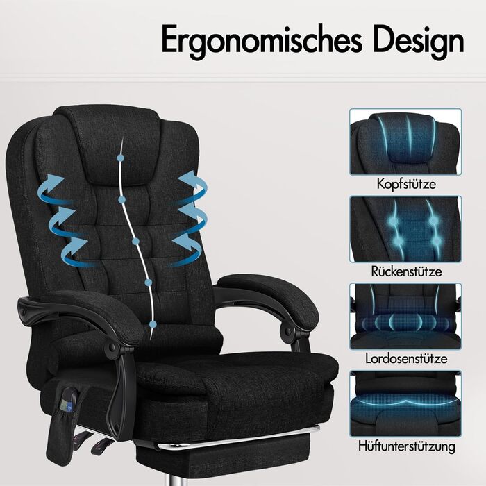 Офісне крісло ALFORDSON з функцією масажу, ергономічний дизайн з великою подушкою сидіння, поперекова підтримка, коліщатка для плавного пересування в офісі, чорний колір, лляна тканина Elias - чорний (льон) серія Elias