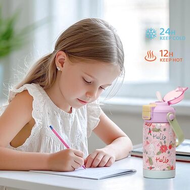 Дитяча ізольована пляшка для води з кришкою-трубочкою, 350 мл, вакуумний стаканчик з подвійною стінкою без бісфенолу А, 18/8 нержавіюча сталь, герметичний, дитячий, з трубочкою для школи, подорожей, хлопчиків, дівчаток (кролик)