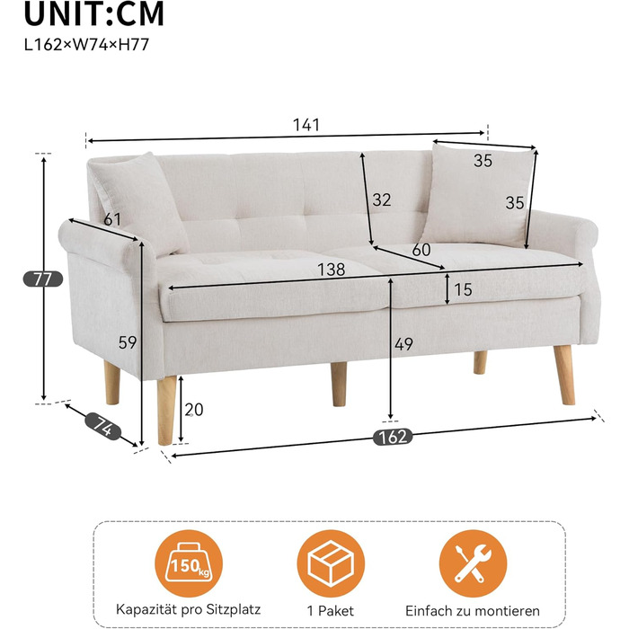 Двомісний диван, м&39який диван, диван з товстими подушками, м&39які меблі, бежева шениллова тканина, підходить для вітальні, спальні, квартири