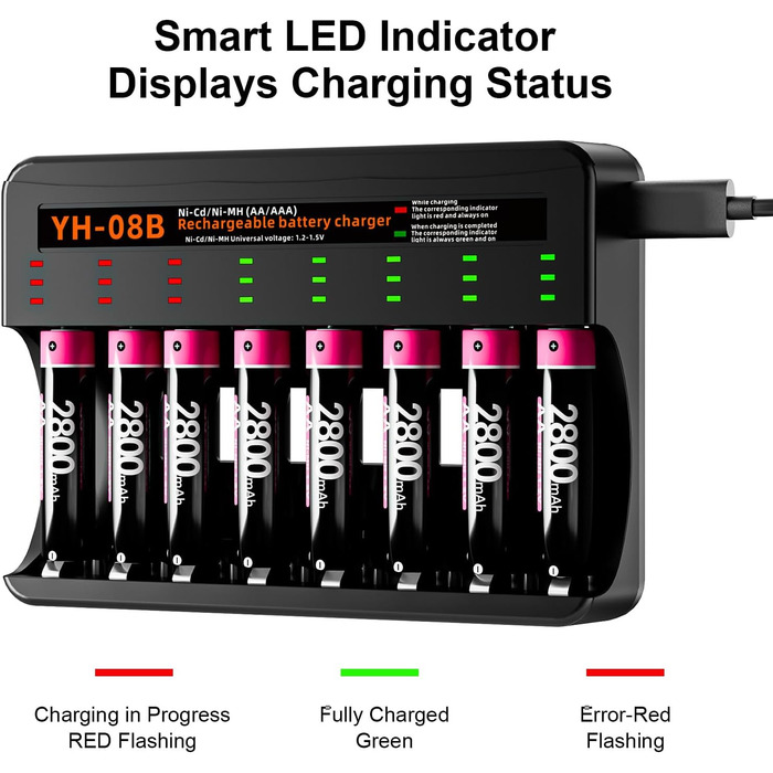 Акумулятори AA, 8 акумуляторів AA з 8 зарядними пристроями для швидкого заряджання, для Ni-MH батарей AA/AAA, 8 слотів для зарядки 8 AA