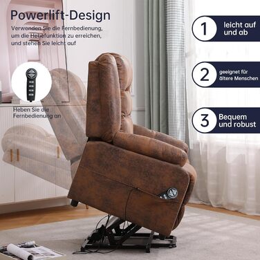 Електричне крісло-реклайнер, крісло для телевізора, масажне крісло з підйомником, підігрів, функція відкидання, флокована шкіра (коричневого кольору)