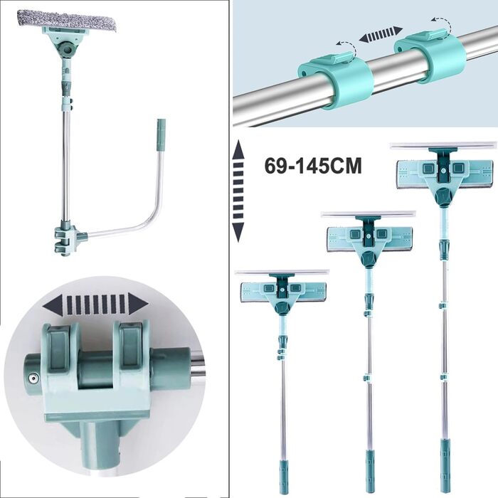 Знімач вікон Телескопічний U-подібний кронштейн Rod 2-в-1 Мийник вікон з поворотною головкою на 180 Набір склоочисників для високого вікна/душу/автомобіля 69-145 см (CCQSD) U-подібний кронштейн