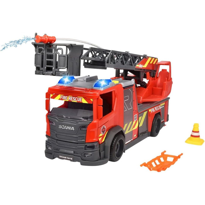 Пожежна драбина Dickie Toys Scania з поворотною драбиною, функція розпилення води, Rosenbauer, світло та звук, вкл. батарейки, з висувною поворотною драбиною та опорними ніжками, 25 см, червона