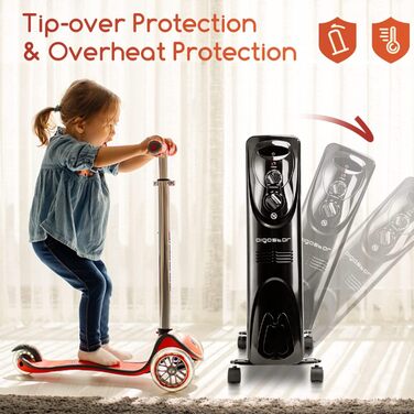 Масляний радіатор Aigostar потужністю 2500 Вт з 13 ребрами, мобільний електричний обігрівач, енергозберігаючий, портативний масляний обігрівач, 3 режими нагріву, термостат, захист від перекидання та перегріву, чорний