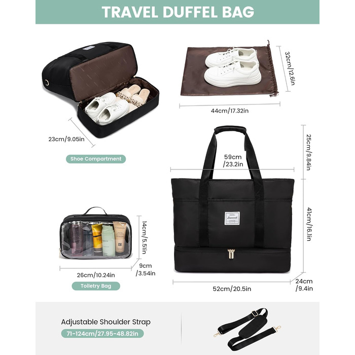 Велика жіноча дорожня сумка LOVEVOOK, водонепроникна дорожня сумка для вихідних з відділенням для взуття, лікарняна сумка, сумка для пологів, ручна поклажа, сумка для сауни, сумка для спортзалу, спортивна сумка, сумка для тренувань для подорожей (Ryanair)