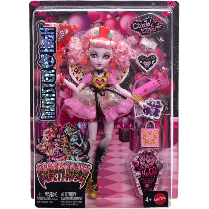 Лялька Monster High Scary Sweet Birthday, Купідон Астерія, у рожево-червоній святковій сукні з тематичними аксесуарами, такими як запрошення, повітряна кулька, подарунок тощо, JBG77 Рожевий/Червоний