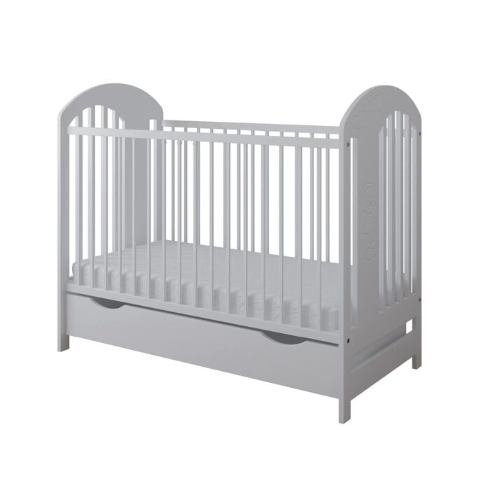 Дитяче ліжечко Kiki Design з шухлядою та матрацом, дитяче ліжечко з поролоновим матрацом 120x60 см, регульована висота, соснова деревина, з мотивом ведмедика - дитяче ліжко - дитяче ліжко - дитячі ліжка - ліжко дитяче колір білий