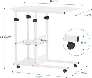 Журнальний столик Dripex з колесами, регульований по висоті стіл для ноутбука, виготовлений з дерева, столик для дивана, тумбочка, журнальний столик для спальні, вітальні, білий