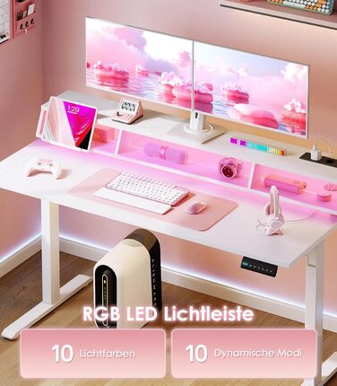 Ігровий стіл OffiGo, стіл з регульованою висотою 140 см, RGB-підсвічуванням та розетками, електричний стіл з 3 відкритими відділеннями для зберігання, тримач для напоїв та навушників, карбонова поверхня білого кольору