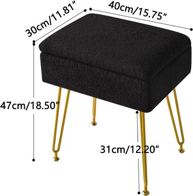 Туалетний стілець-стілець з місцем для зберігання, квадратний оксамитовий пуф Тедді, сучасний багатофункціональний макіяжний стілець для спальні, вітальні 40 x 30 x 47 см чорний HBD031B