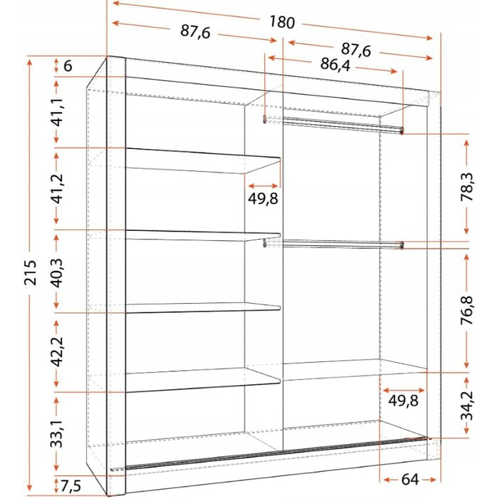 Шафа з дзеркалом - Шафа з розсувними дверима - Шафа для спальні - 64 x 180 x 215 см - Шафа для вітальні - Вішалка для одягу, Шафа з двома дверима, Сучасна 180 см Біла