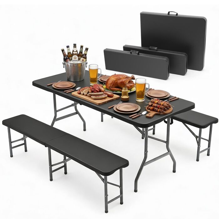 Складаний пластиковий набір для пивного саду Sekey Стіл 2 пивні лавки з ручками для перенесення Набір для пивного саду 180 см для приміщень/вулиці Набір пивних столів (чорний)